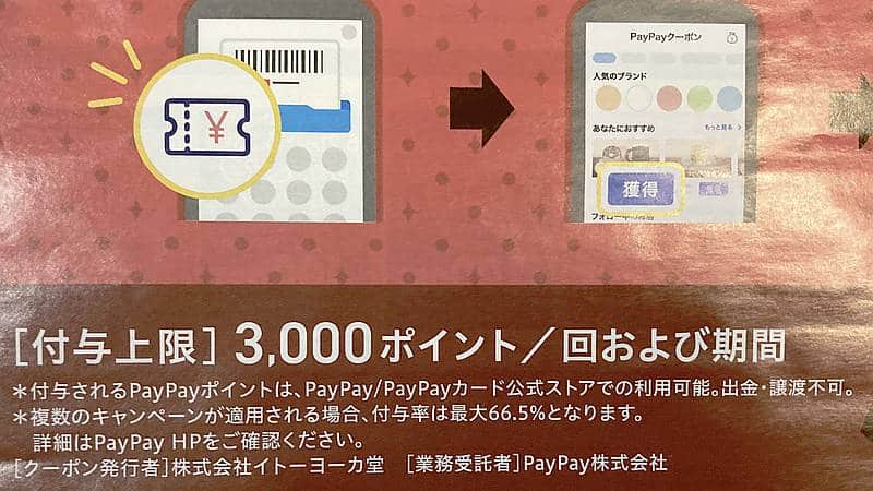 イトーヨーカドー南大沢店の専門店街のお店でPayPay支払いすると10%ペイペイポイントが還元されるクーポンは上限3000ポイントまで何回でも利用可能