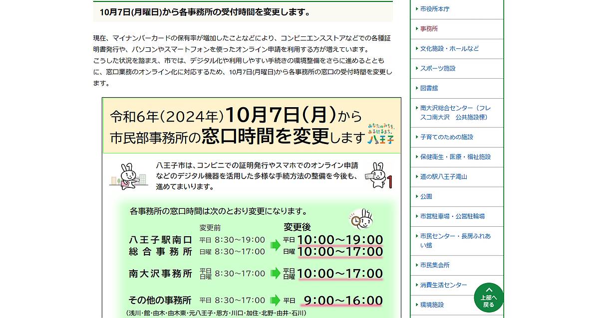 八王子市役所の各事務所の受付時間が10/7より変更！南大沢事務所は8時半→10時と90分短縮