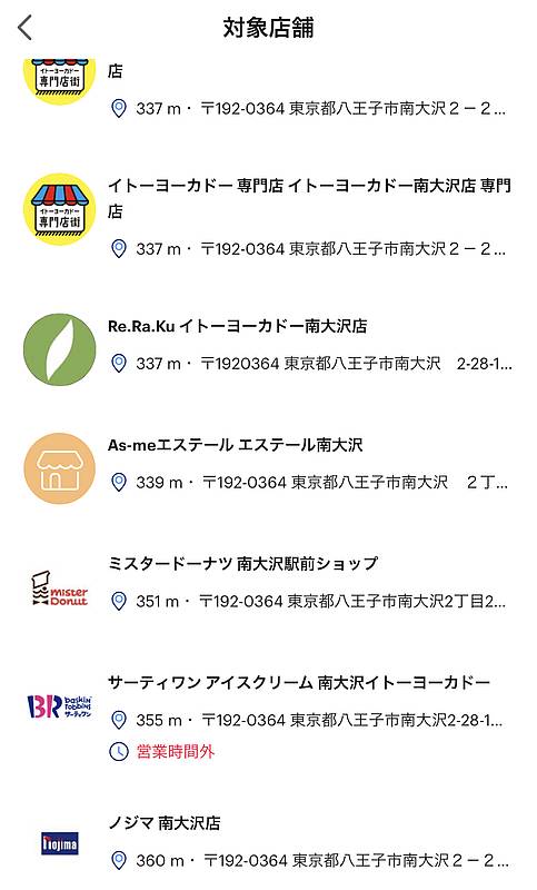 2024年7月6日と7月7日にイトーヨーカドー専門店街で利用可能なPayPayのポイント10%還元クーポンの南大沢店での対象店舗一覧