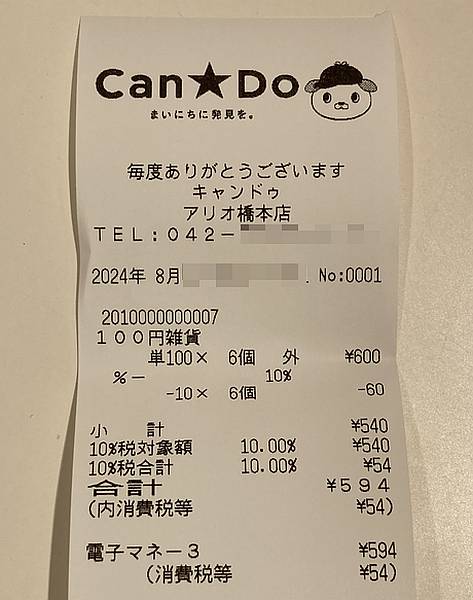 アリオ橋本のキャンドゥが2024年8月25日に閉店することに伴い、100円雑貨が10%OFFになる閉店セールで購入したレシートで10%割引されている