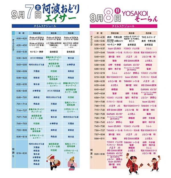 第23回踊れ西八夏まつりの1日目、2日目それぞれの3会場で行われる踊りのタイムスケジュール表