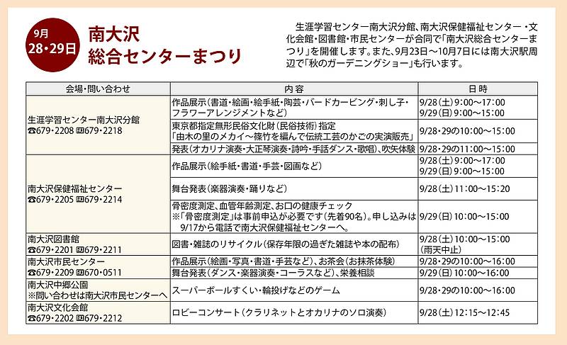 2024年9月28日(土)、29日(日)の2日間に開催される南大沢総合センターまつり(南大沢市民センターまつり)の各団体の開催内容