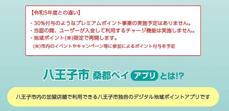 2024年度の桑都ペイではチャージ機能は利用されず、30%ポイント還元などのキャンペーンも当面実施しないとお知らせ