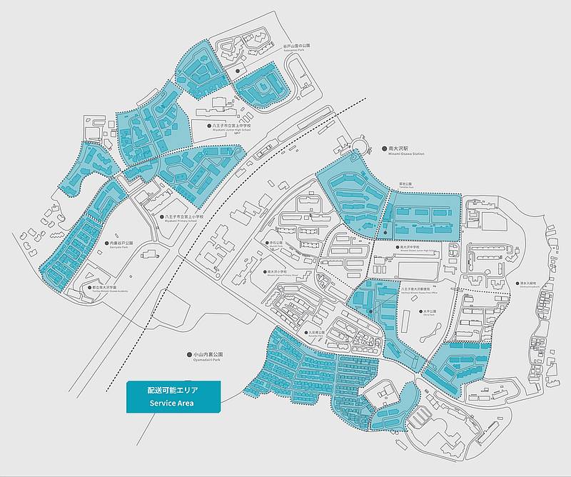 南大沢スマートシティの自動配送実証実験での自動配送可能なエリアマップ