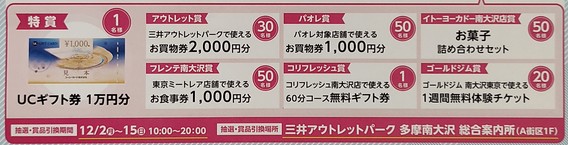 「南大沢施設めぐりLINEスタンプラリー」でスタンプを2個集めると参加できる抽選で当たる景品一覧