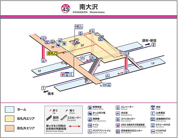 京王相模原線の南大沢駅の駅構内図によると、ホームから改札階には長いエスカレーターが設置