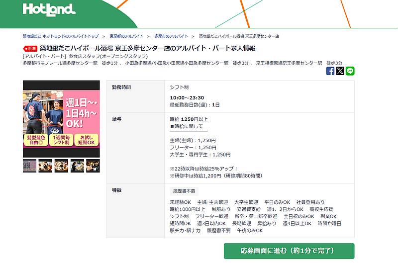 築地銀だこを運営するホットランド(HOTLAND)の公式サイトの求人ページに築地銀だこハイボール酒場・京王多摩センター店が2025年5月下旬にオープンするとの情報が掲載
