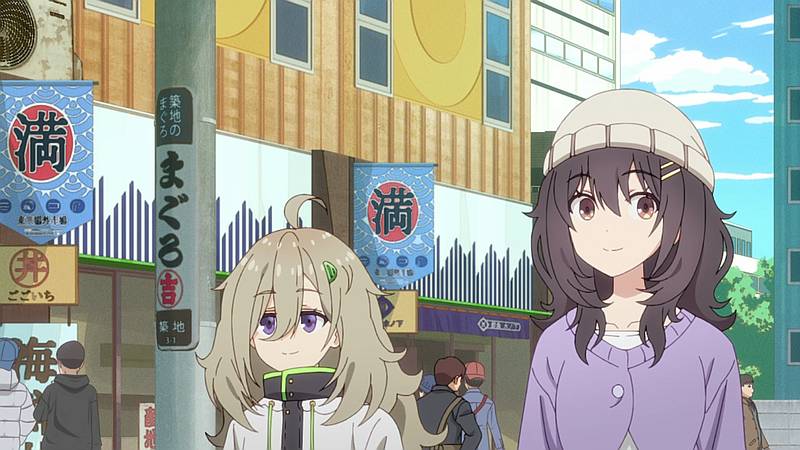 ひびめし第5話で河合もこと比嘉つつじが築地場外市場の象徴的建物を背景に歩いているシーン