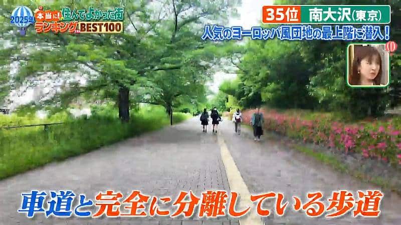 2025年7月6日に放送されたテレビ東京系列「本当に住んで良かった街ランキング2025」で35位にラインクインした南大沢では歩行者と車が完全分離した遊歩道が安全と紹介