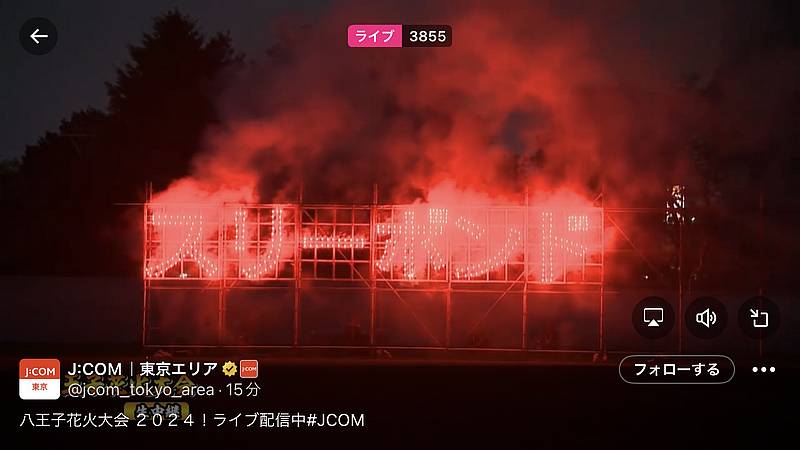 八王子花火大会2024のスポンサー協賛した八王子市内の企業であるスリーボンドの文字が浮かび上がる花火