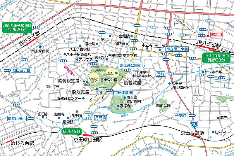 2025年7月26日(土)に富士森公園で開催される八王子花火大会2025の鑑賞可能なスポット地図