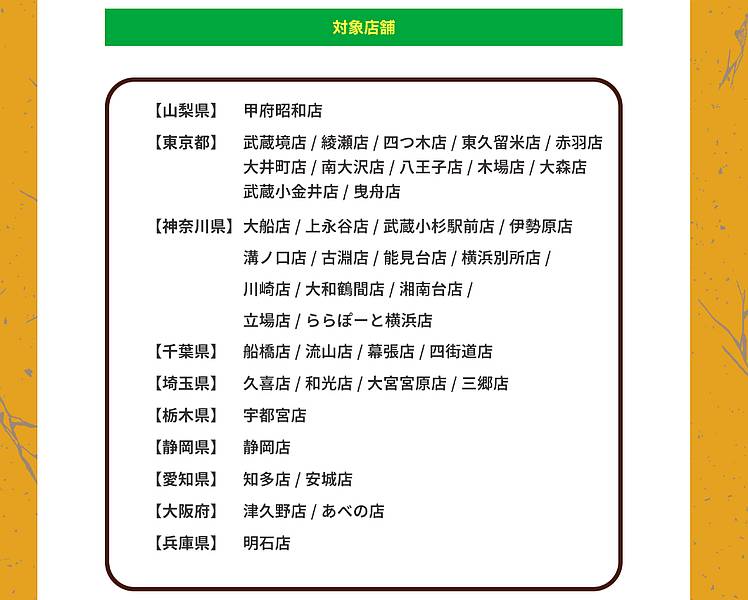 2025年7月26日(土)よりイトーヨーカドー専門店街でスタートした「真夏の恐竜フェス」対象店舗一覧。イトーヨーカドー南大沢店は対象店舗