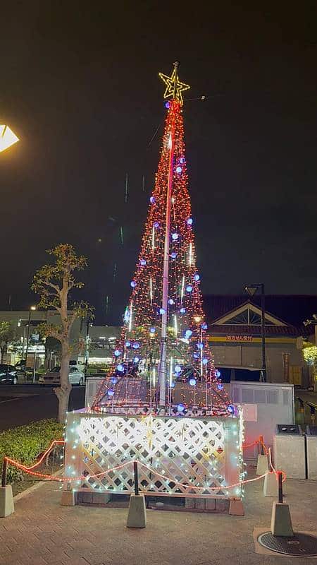 南大沢5丁目商店街(三徳プラザ商店会)に設置された色が変わるクリスマスツリーのイルミネーションが赤色に変化した様子