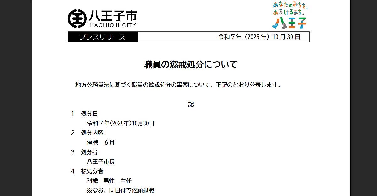 八王子市職員が商業施設での盗撮行為で10/30に懲戒処分（停職6ヶ月で依願退職）