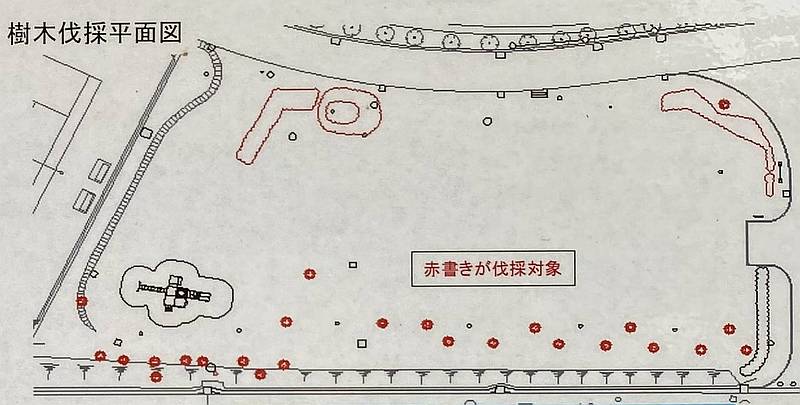 上柚木公園の児童遊園にインクルーシブ広場が2026年3月に整備されるにあたって、児童遊園内の樹木を間引くために、図に書かれた樹木を一部伐採予定