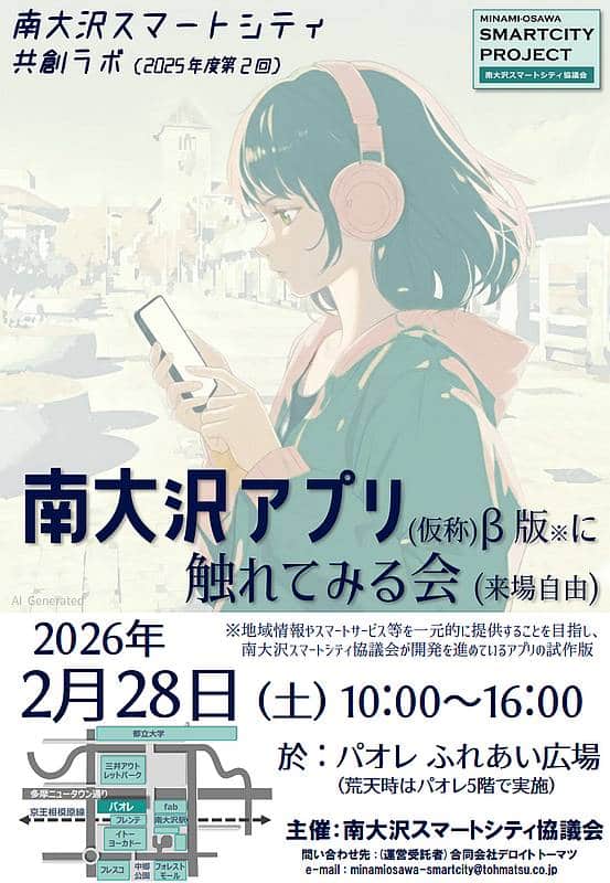 2026年2月28日（土）の10時から16時まで、南大沢駅前で「南大沢アプリ(仮称)β版に触れてみる会」が開催