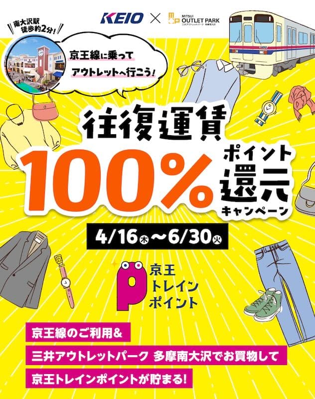 京王線・井の頭線で南大沢駅で下車して三井アウトレットパーク多摩南大沢で買い物すると、乗車運賃の100%が京王トレインポイントで還元！