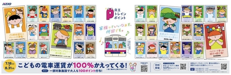 京王電鉄が2026年6月29日に発表した「小児運賃100%ポイント還元」キャンペーンを京王線の電車内で告知するための中吊り広告のイメージ