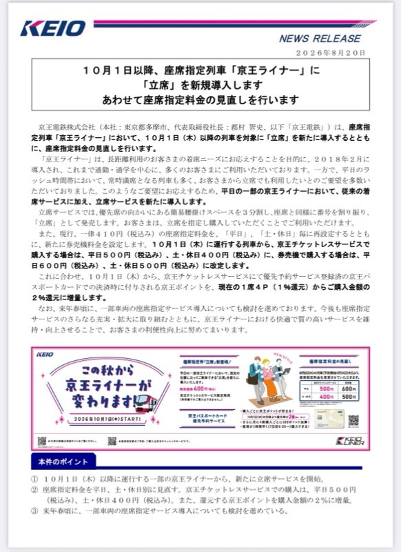 京王電鉄が京王線で運行している座席指定列車「京王ライナー」に立席の導入と料金改訂を発表したニュースリリース