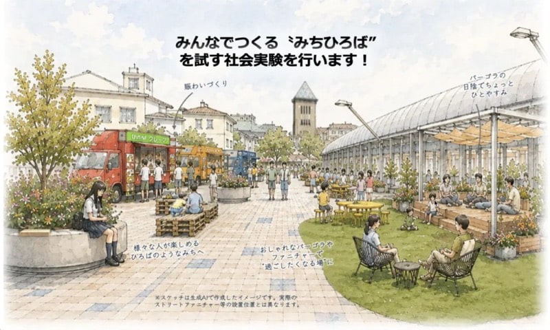みんなでつくるみちひろばの社会実験イメージ。ベンチやキッチンカー、パーゴラのある駅前歩行空間のスケッチ