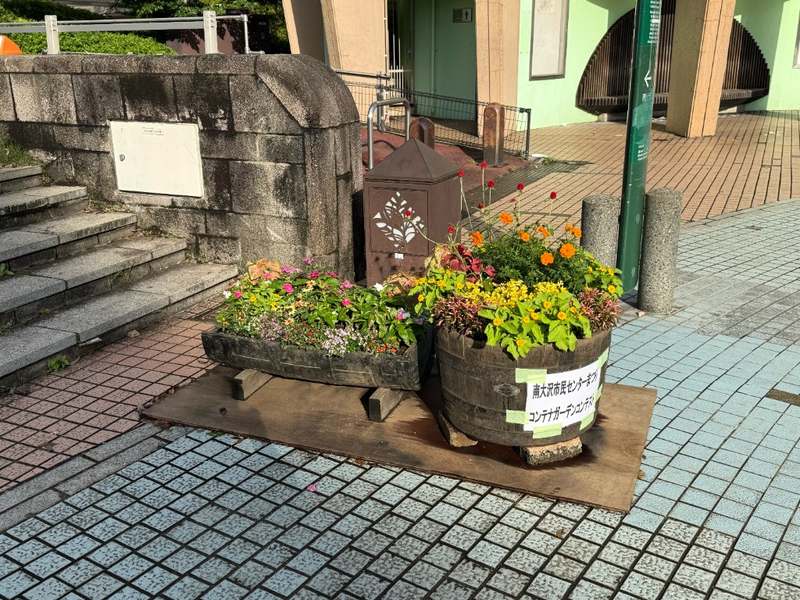 南大沢市民センターまつりコンテナガーデンコンテストの札が付いた樽型の植栽