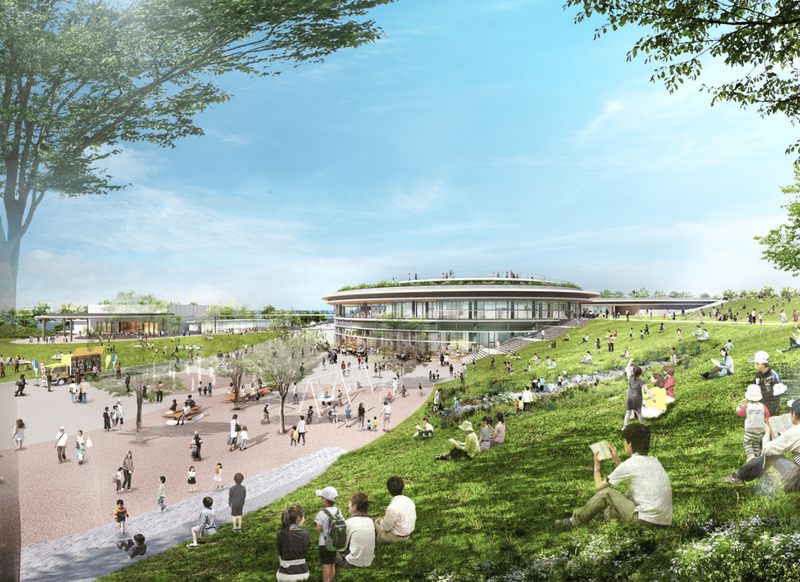 桑都の杜の施設イメージ。公園と円形のミュージアム棟